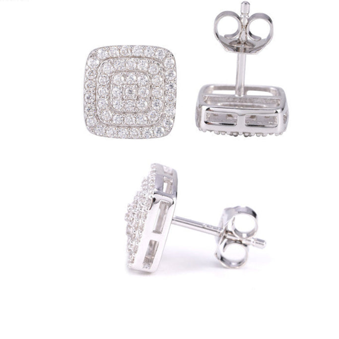 Solitude Cushion Moissanite S925 Silver Stud Earrings with triple-row pavé setting, unisex design