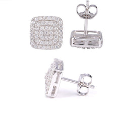 Solitude Cushion Moissanite S925 Silver Stud Earrings with triple-row pavé setting, unisex design