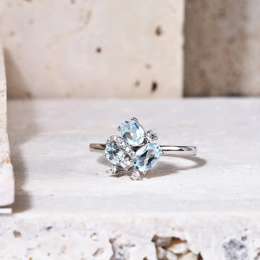 18K Gold Natural Blue Topaz Ring â€?Dainty Gemstone Cluster Ring (9K/10K/14K/18K Options) Pearl Unique