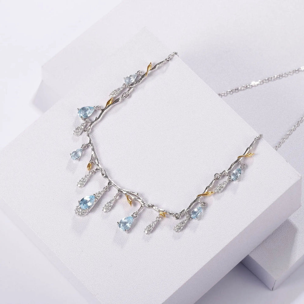 Natural Sky Blue Topaz & CZ Drop Necklace â€?Sterling Silver with Gold Accents Pearl Unique