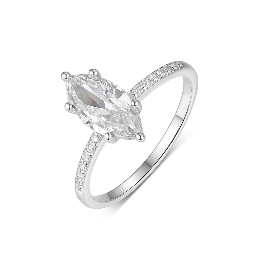 Top view—marquise moissanite engagement ring, minimalist prongs