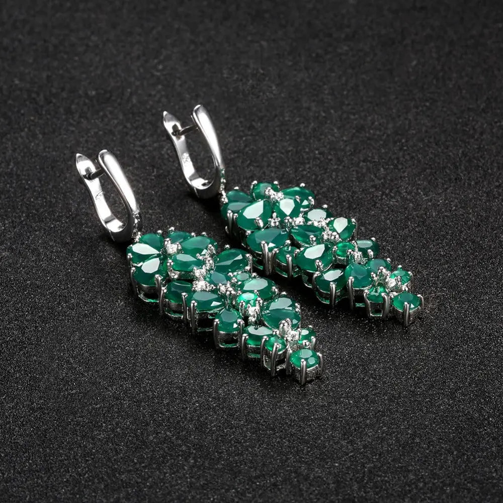 Natural Gemstone Drop Earrings â€?925 Sterling Silver Long Earrings (Blue Topaz / Green Agate / Garnet) Pearl Unique