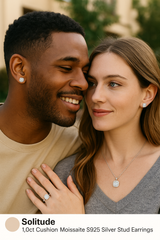 Shop Solitude Cushion Moissanite Stud Earrings in S925 silver. Unisex design with GRA certification — brilliance, style, and sustainability in one.