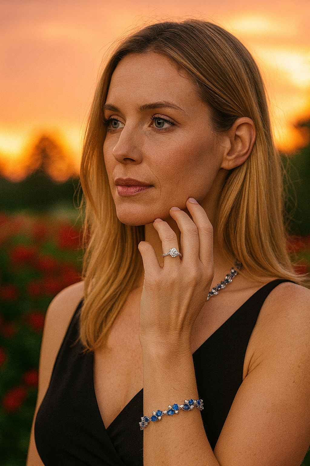 Luxury pear-cut lab-grown blue and white sapphire tennis bracelet in sterling silver, Gala Collection by Verse&Hue