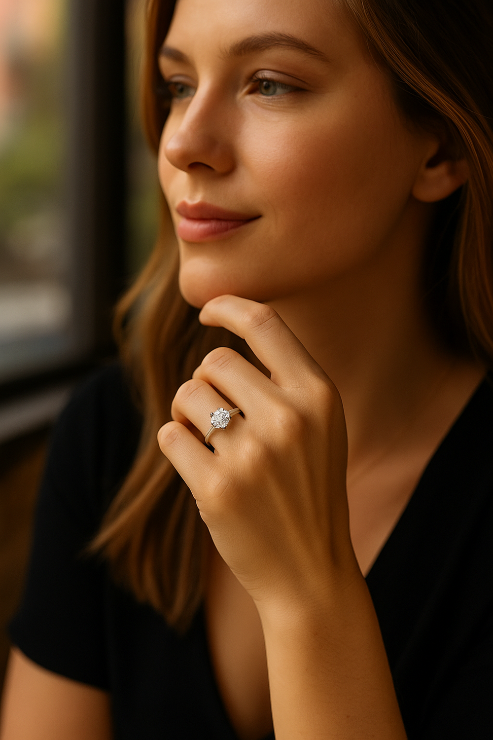 American woman wearing Sonnet Moissanite solitaire engagement ring in daily lifestyle setting.