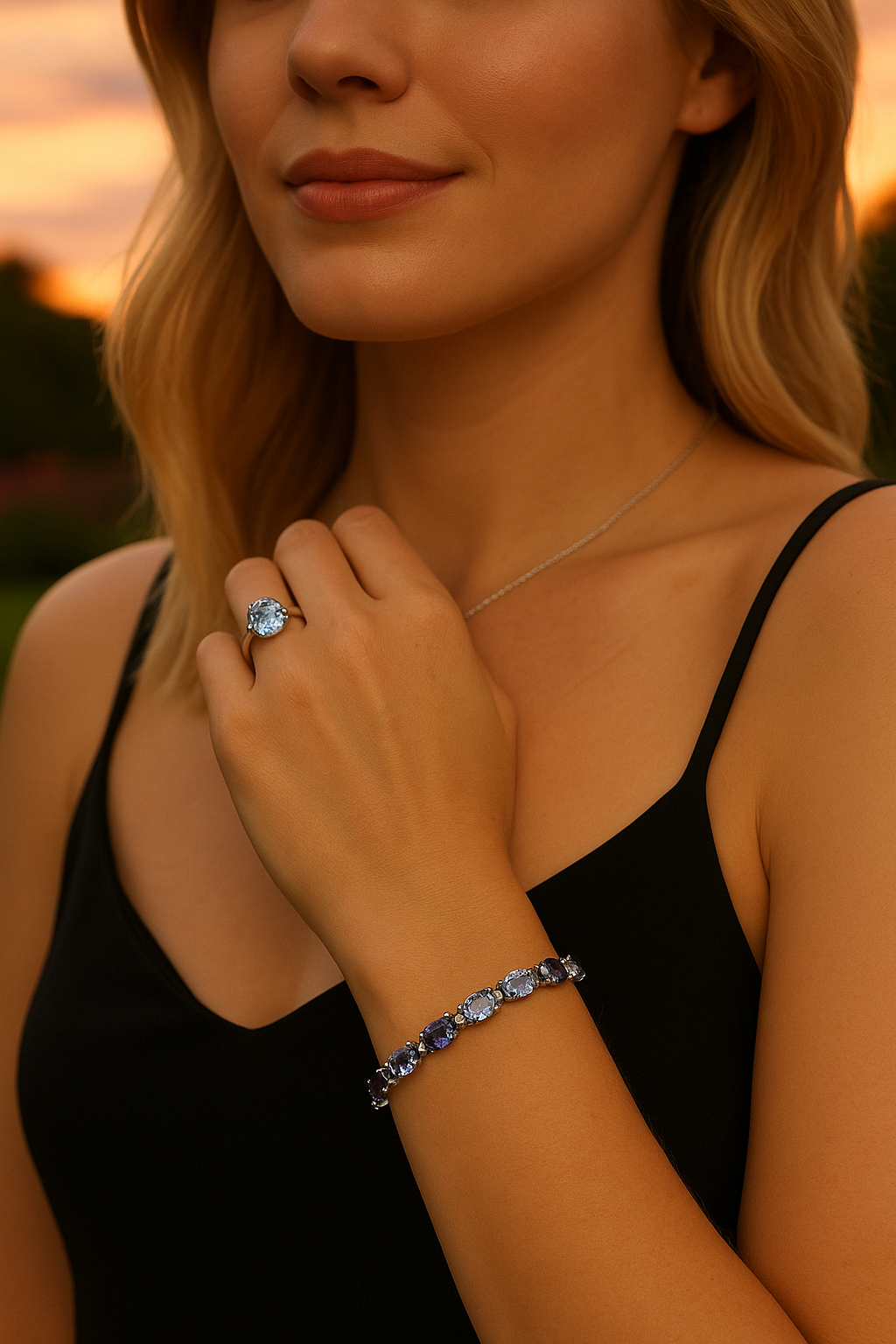Elegant women’s tennis bracelet with alternating Mystic Quartz and Sky Blue Topaz stones