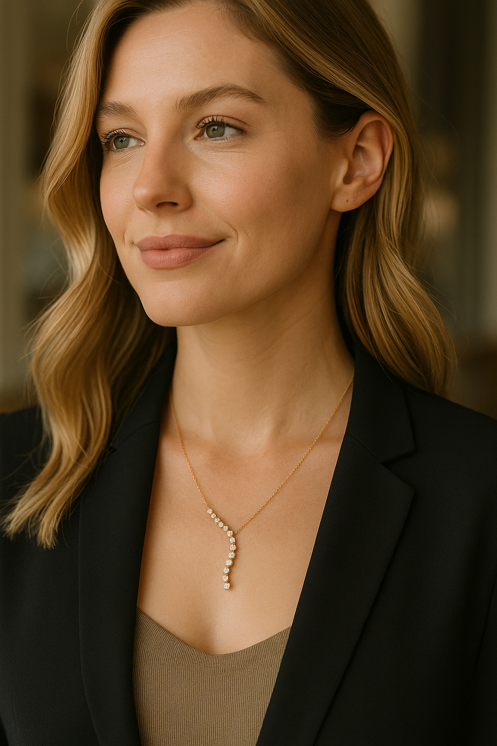 Model wearing 14K gold lab-grown diamond Y necklace against navy top