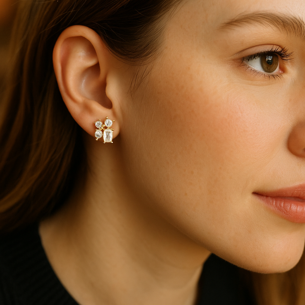 14K yellow gold lab-grown diamond geometric stud earrings—emerald center with mixed shapes