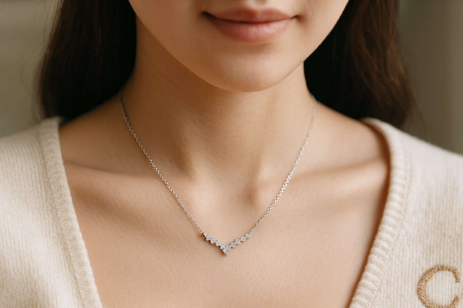 Everyday styling: lab-grown diamond V-bar necklace with shirt collar — Verse&Hue Jewelry