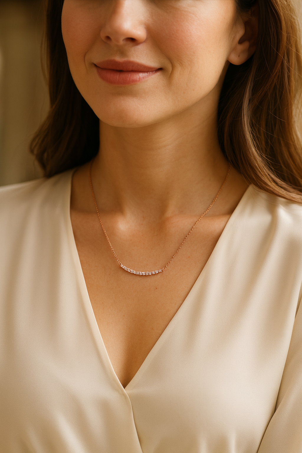 Model look with rose-gold bar necklace at the collarbone — Verse & Hue Jewelry