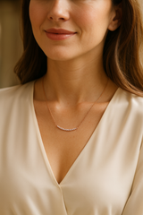 Model look with rose-gold bar necklace at the collarbone — Verse & Hue Jewelry