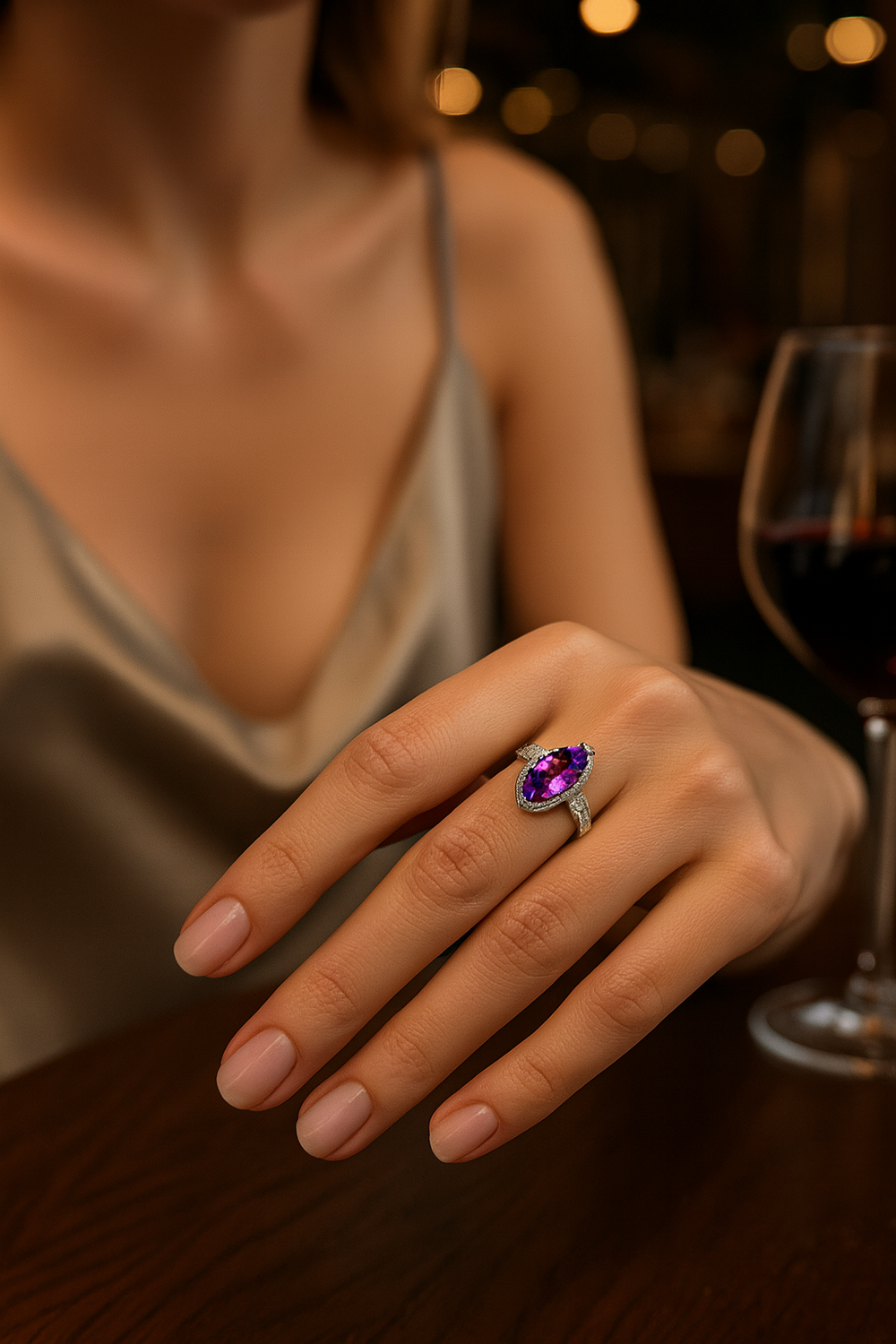 Amethyst halo ring on hand, low-to-medium profile — Verse & Hue Jewelry